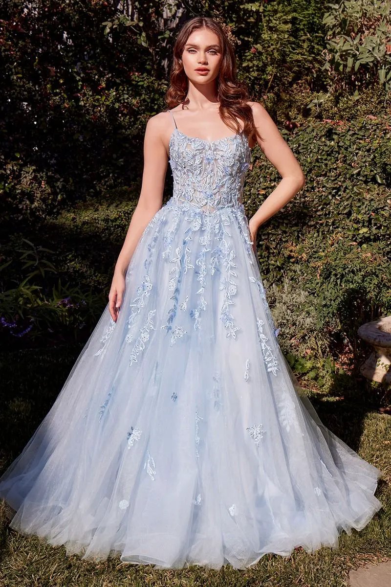 Light Blue Leaf Motif Appliqued A-Line Dress by Partner Label