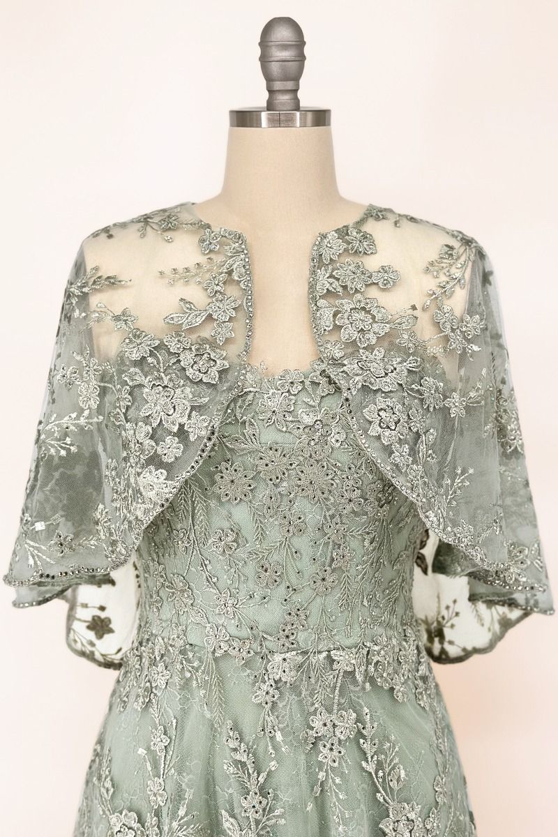 Floral Lace Gown With A Cape-2