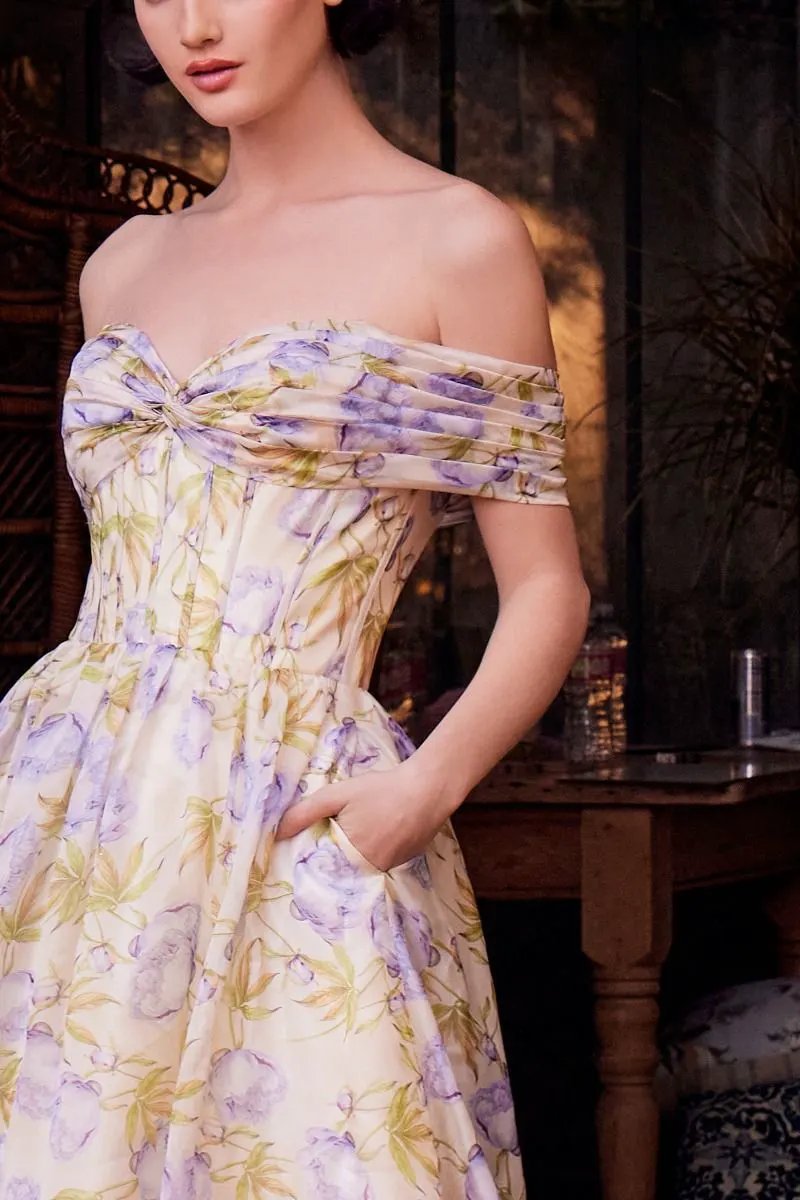 Floral Printed Off The Shoulder A-Line Dress by Tux-USA