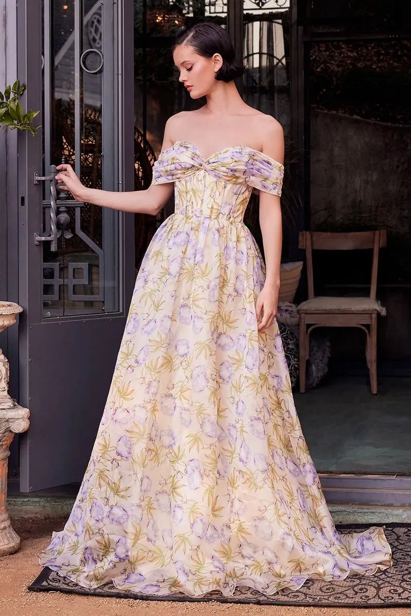 Floral Printed Off The Shoulder A-Line Dress by Tux-USA