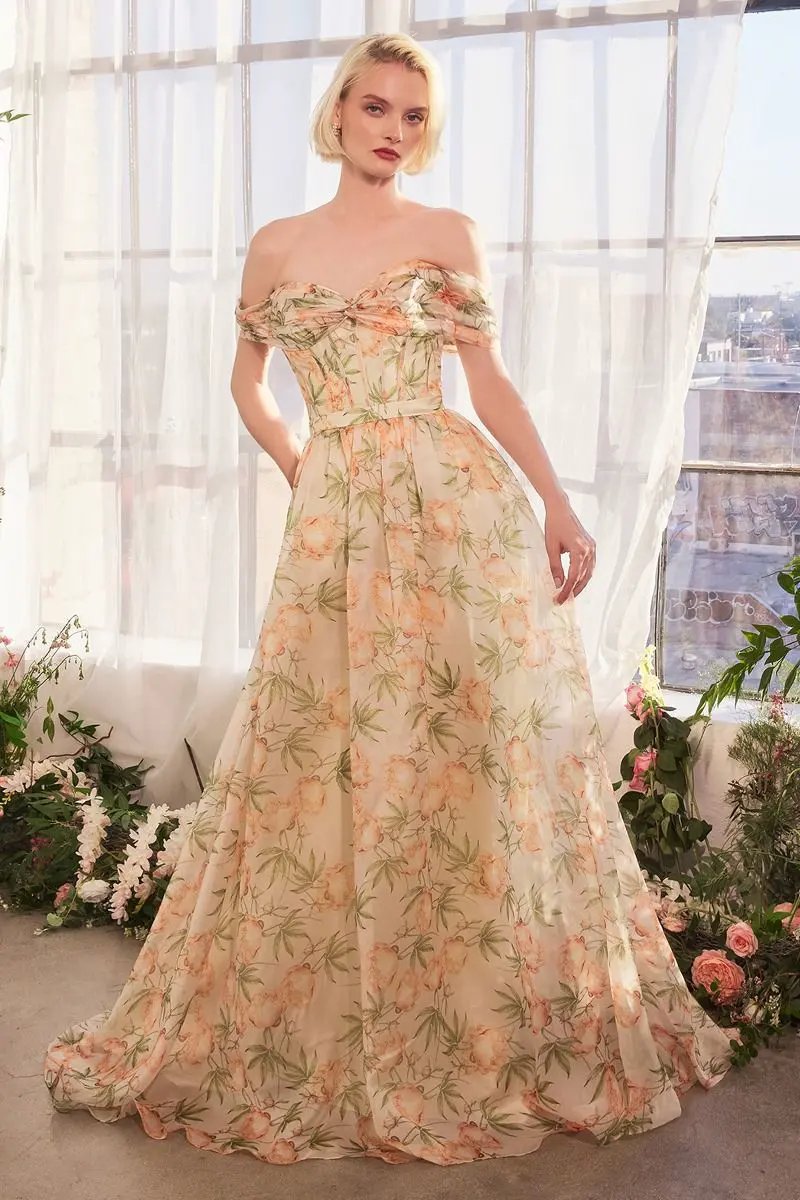 Floral Printed Off The Shoulder A-Line Dress by Tux-USA