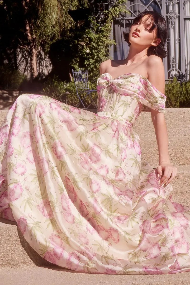 Floral Printed Off The Shoulder A-Line Dress by Tux-USA