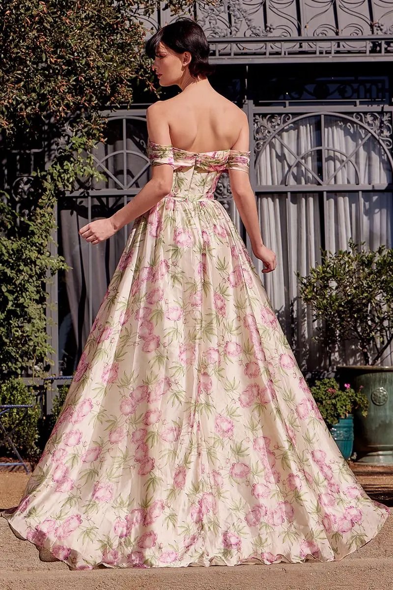 Floral Printed Off The Shoulder A-Line Dress by Tux-USA