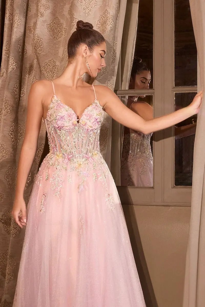 Floral Appliqué V-Neck Glitter Tulle Ball Gown by Tux-USA