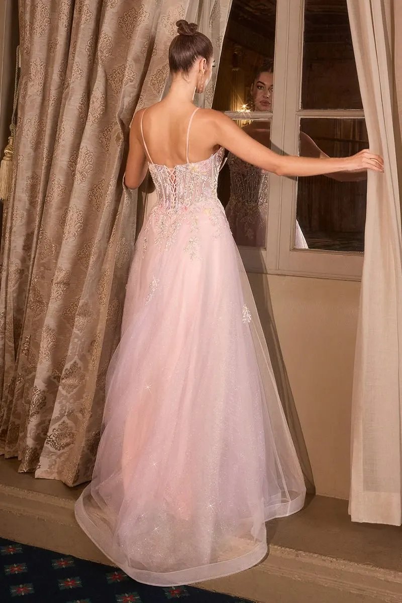 Floral Appliqué V-Neck Glitter Tulle Ball Gown by Tux-USA
