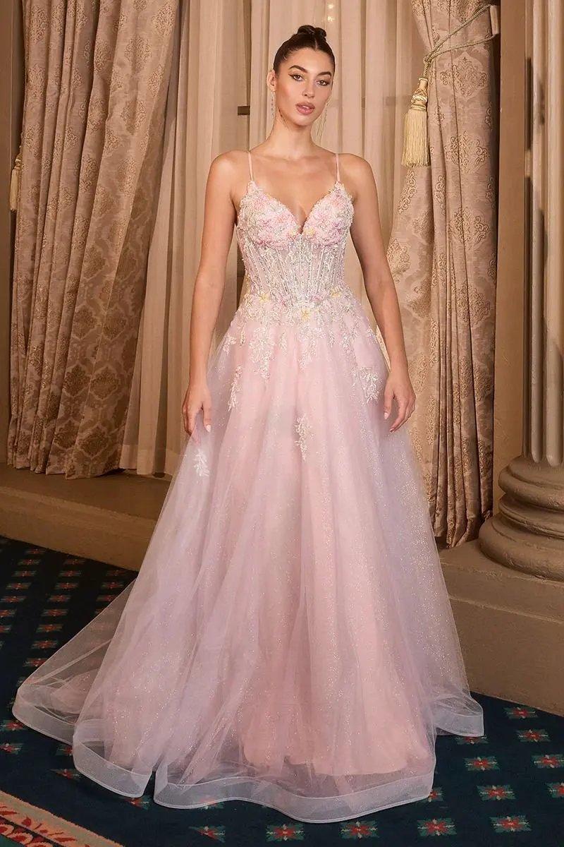 Floral Appliqué V-Neck Glitter Tulle Ball Gown by Tux-USA