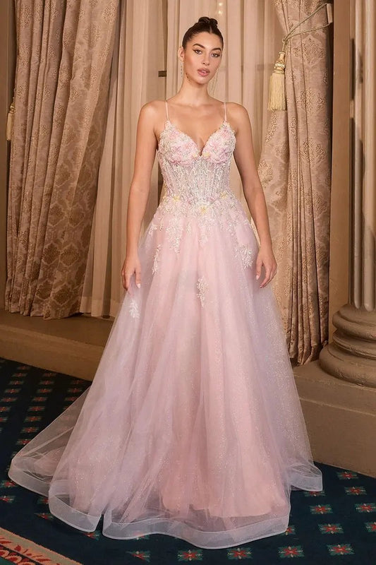 Floral Appliqué V-Neck Glitter Tulle Ball Gown by Tux-USA