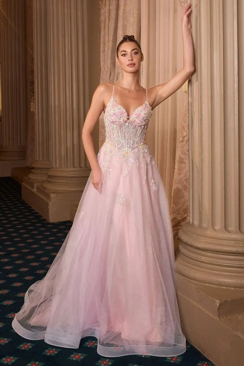 Floral Appliqué V-Neck Glitter Tulle Ball Gown by Tux-USA