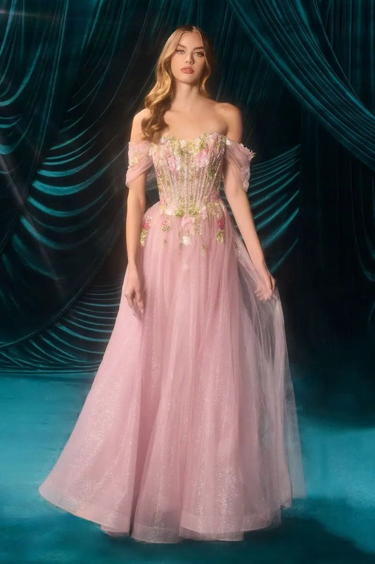 Off-Shoulder 3D Floral A-Line Tulle Gown by Tux-USA