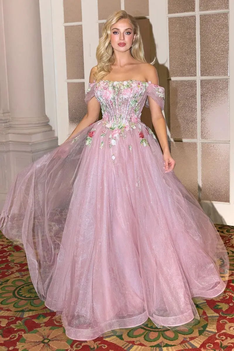 Off-Shoulder 3D Floral A-Line Tulle Gown by Tux-USA
