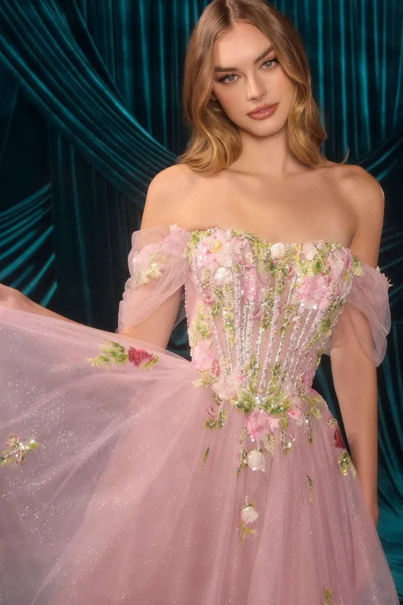 Off-Shoulder 3D Floral A-Line Tulle Gown by Tux-USA