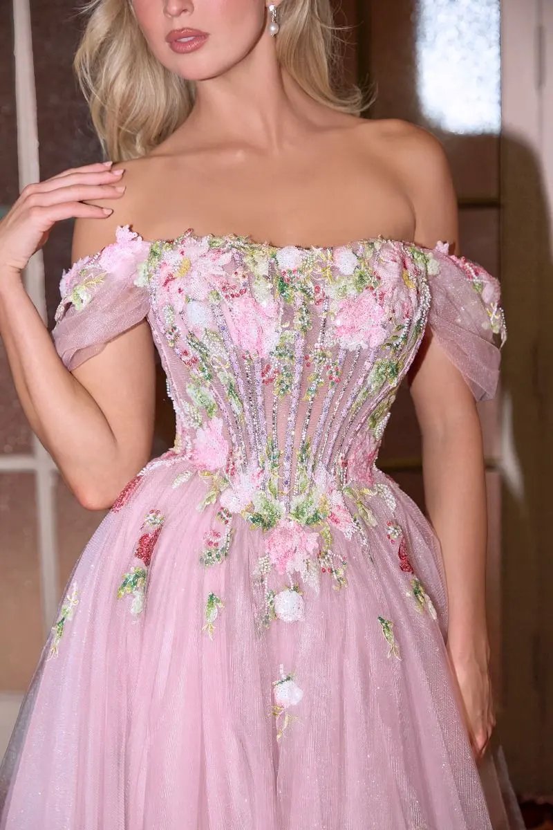 Off-Shoulder 3D Floral A-Line Tulle Gown by Tux-USA