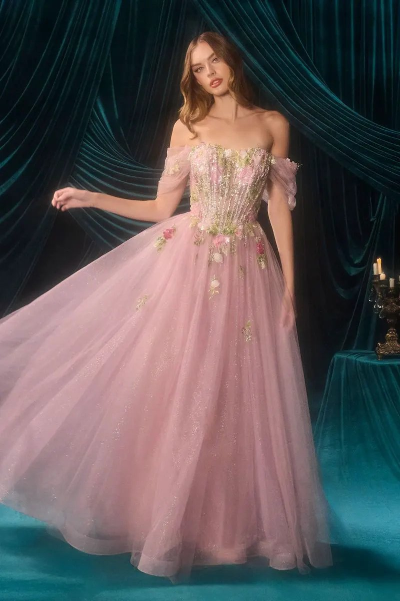 Off-Shoulder 3D Floral A-Line Tulle Gown by Tux-USA