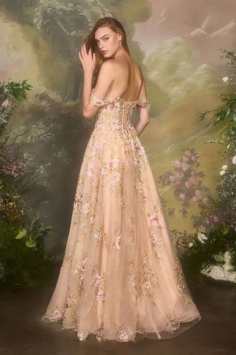 Square Neck Floral Embroidered A-Line Tulle Gown-1