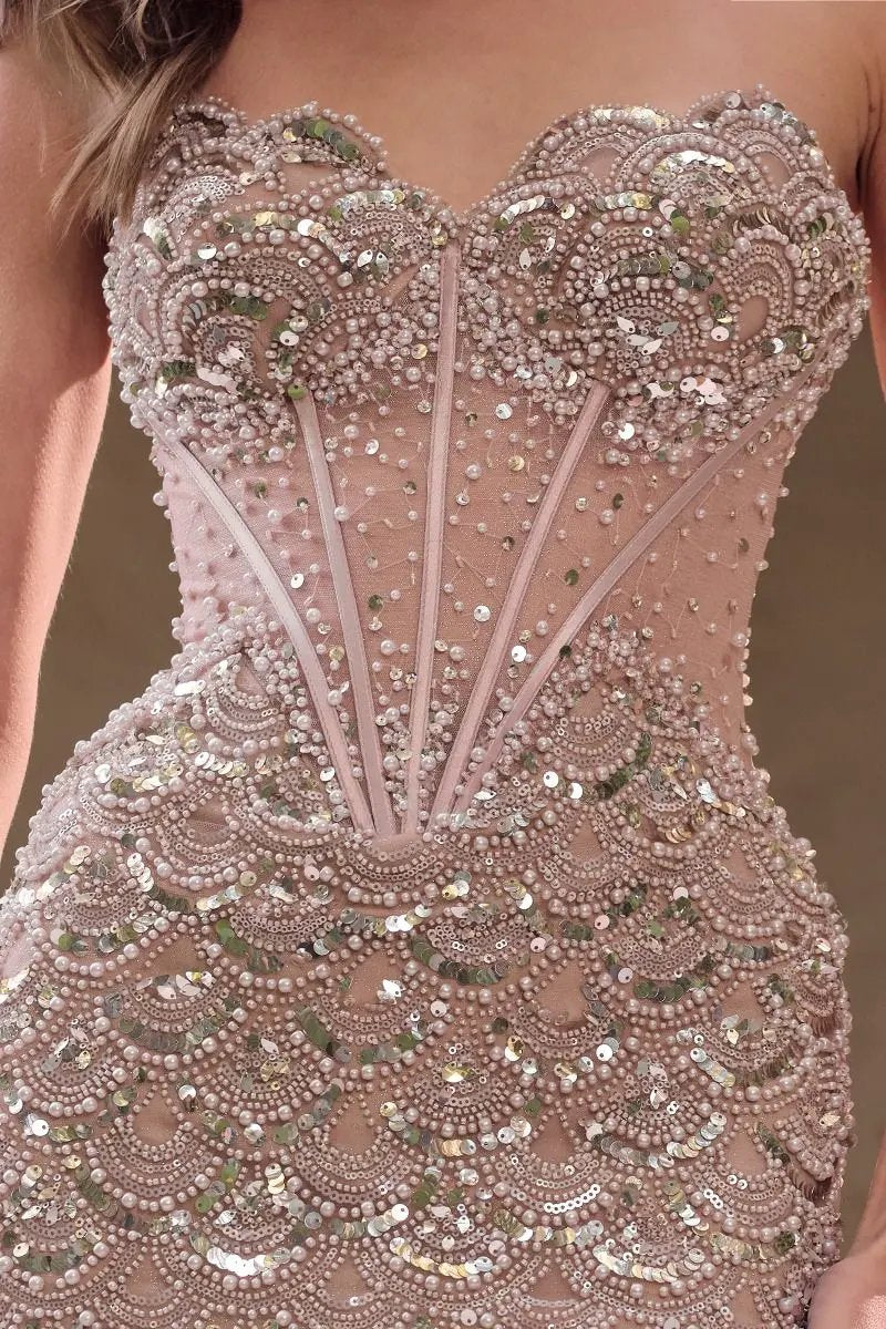 Art Deco Pearl Beaded Illusion Corset Evening Gown by Tux-USA