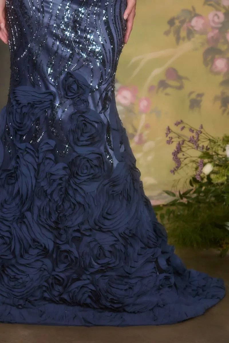 Off-Shoulder Satin Mermaid Gown with Sequin Rosette Skirt by Partner Label