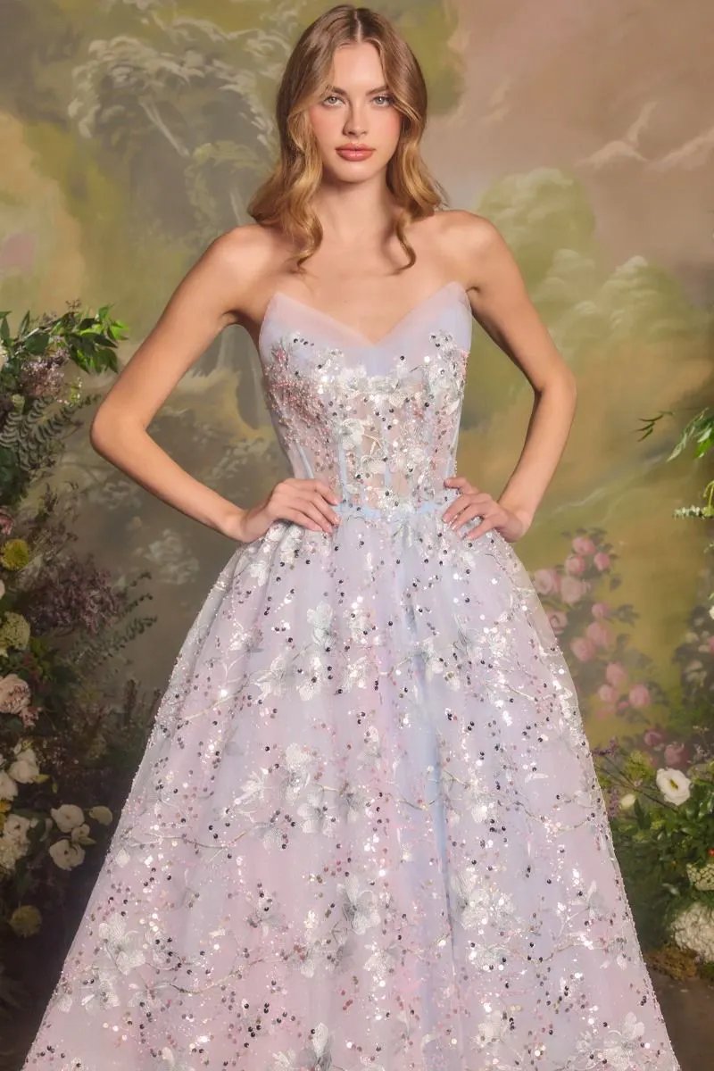 Pastel Floral Embroidered Strapless A-Line Tulle Gown by Tux-USA