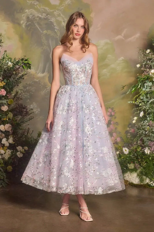 Pastel Floral Embroidered Strapless A-Line Tulle Gown by Tux-USA