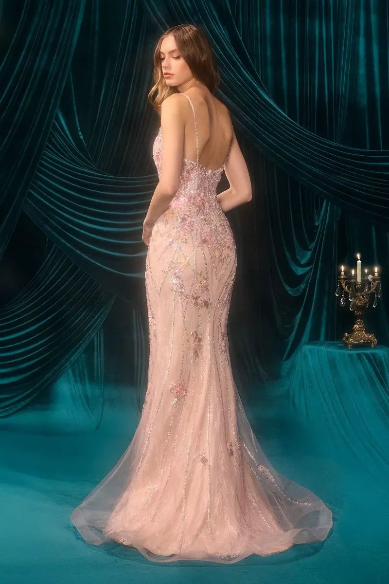 Plunging Floral Appliqué Fit-and-Flare Gown with Beaded Detail by Tux-USA