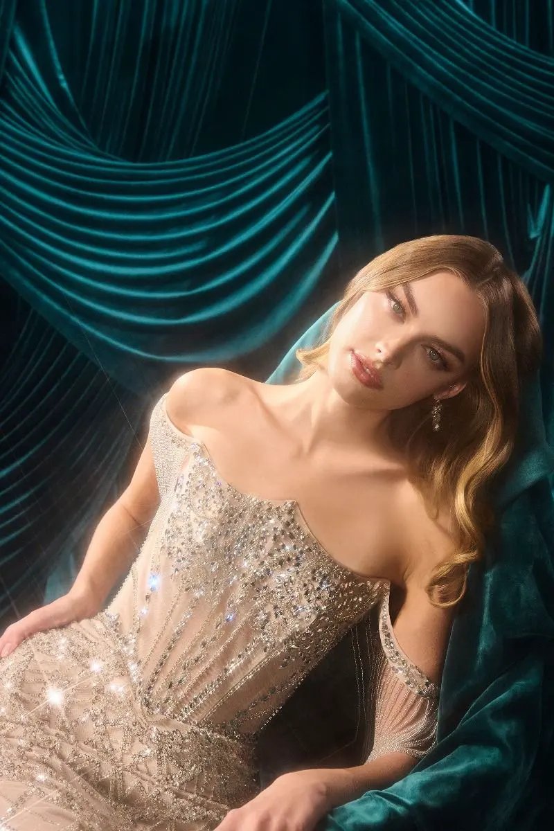 Crystal Fringe Cold-Shoulder Beaded Fitted Evening Gown by Tux-USA