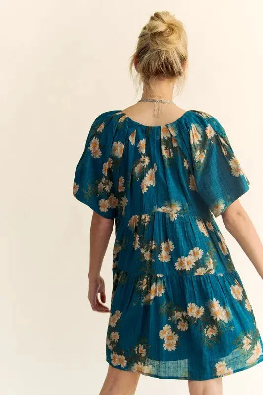 Davi & Dani Floral Print Short Bell Sleeve Pleated Mini Dress by Davi & Dani