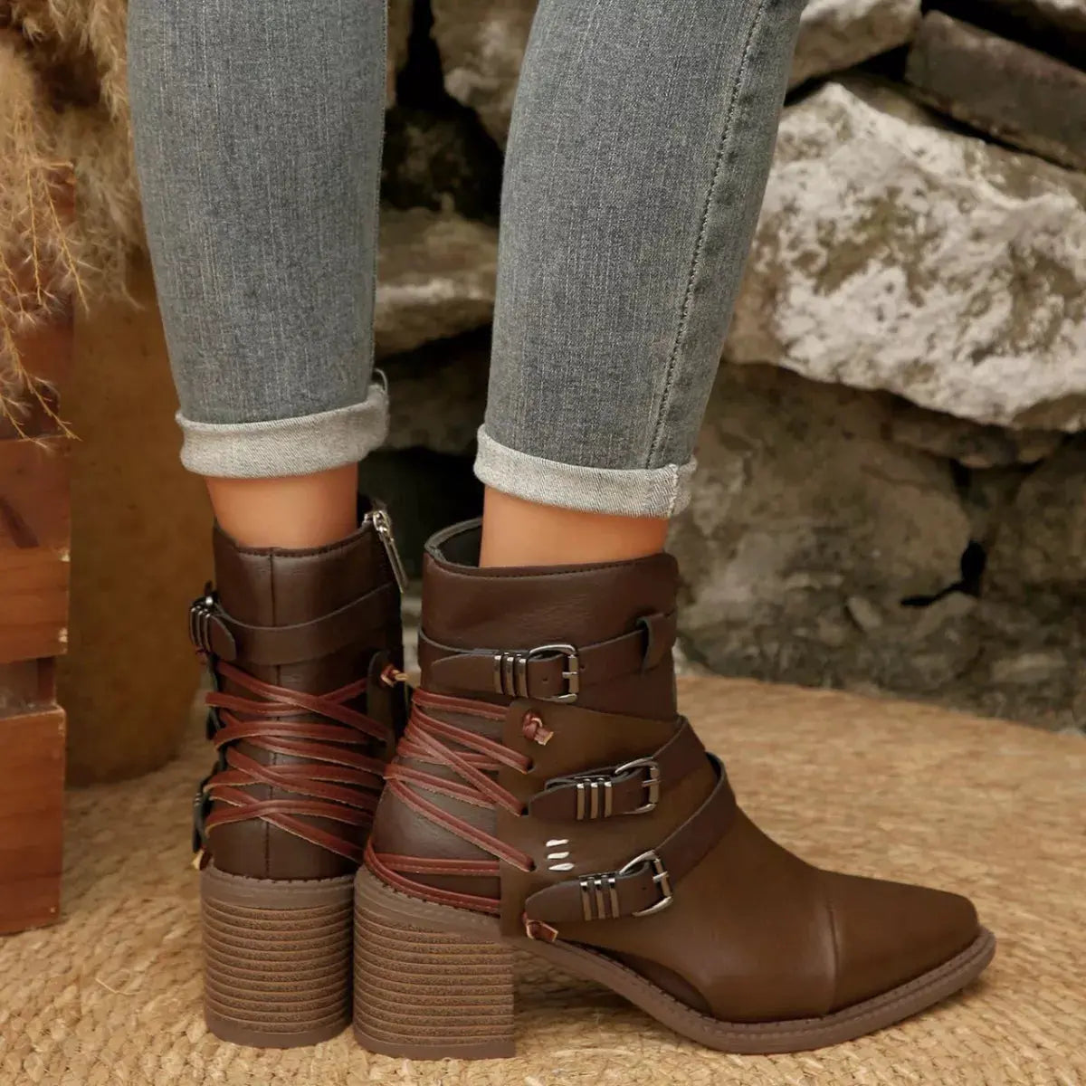 Point Toe Buckle Strap Ankle Boots with Block Heels by Partner Label