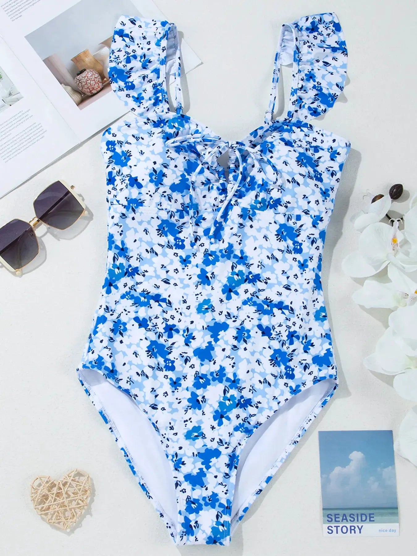Floral Ruffled Strap Lace-up Hollow Out One Piece Swimsuit by Partner Label