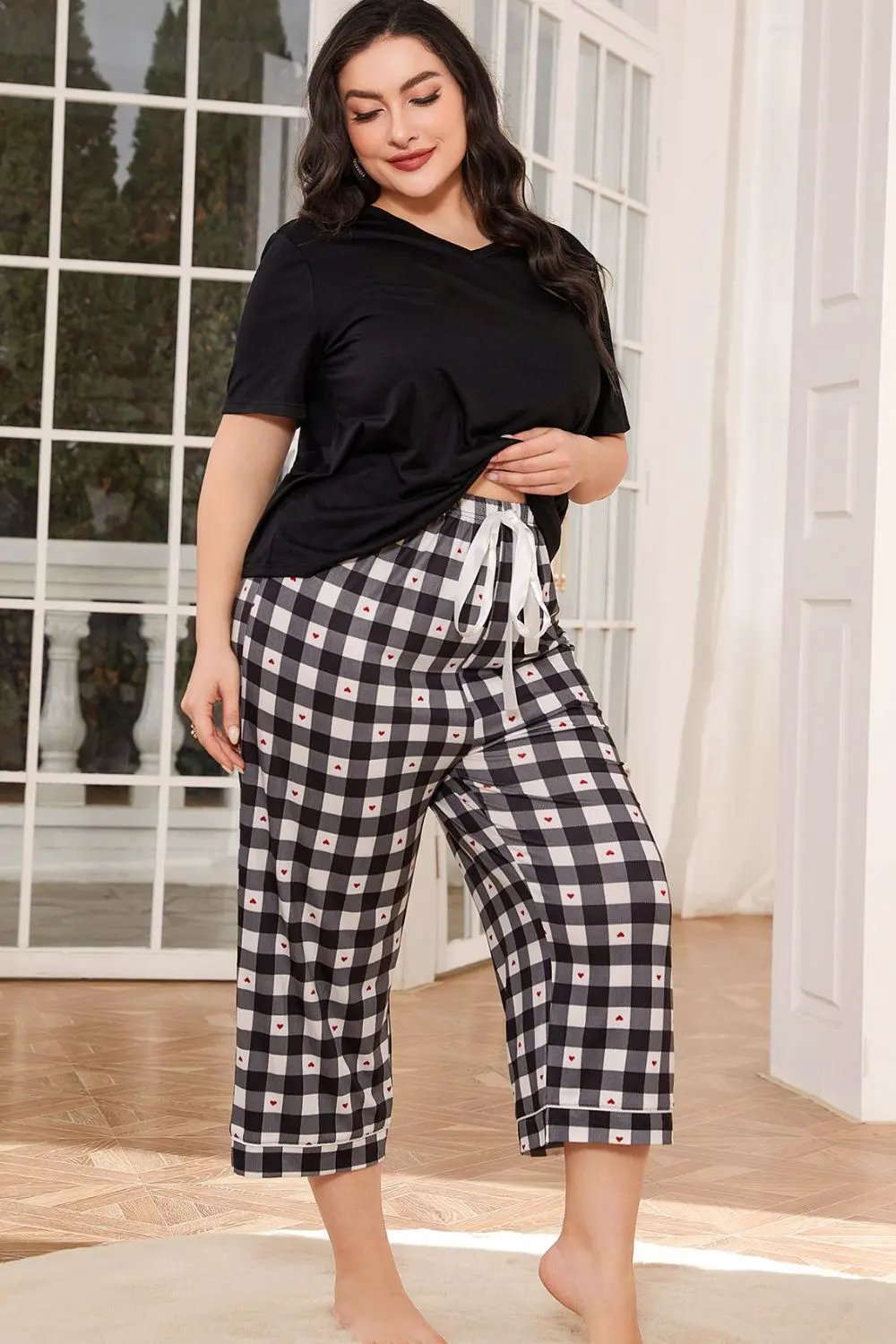 V-Neck Tee and Plaid Cropped Pants Lounge Set by Partner Label
