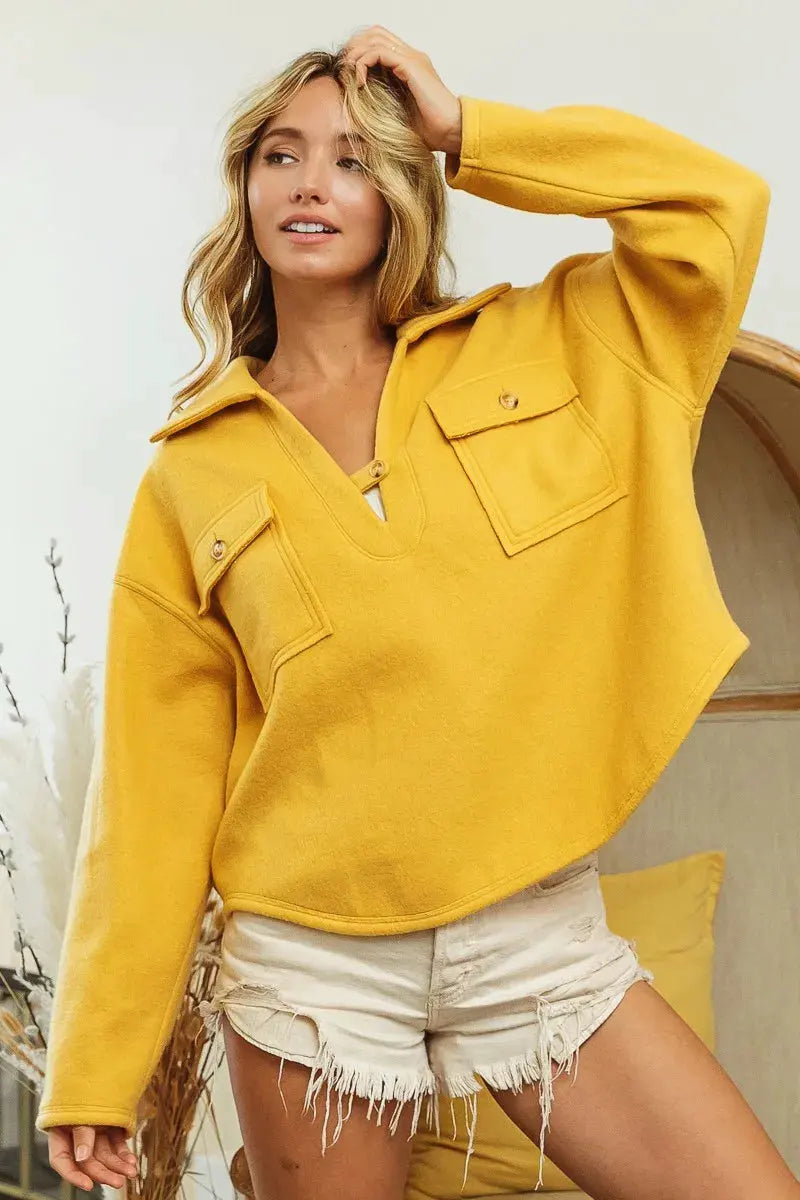 BiBi Flap Pockets Fleece Collared Sweatshirt by BiBi