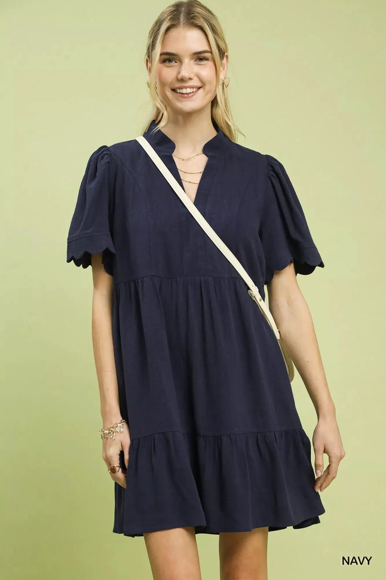Umgee Linen Tiered Babydoll Dress with Scalloped Sleeves by Umgee