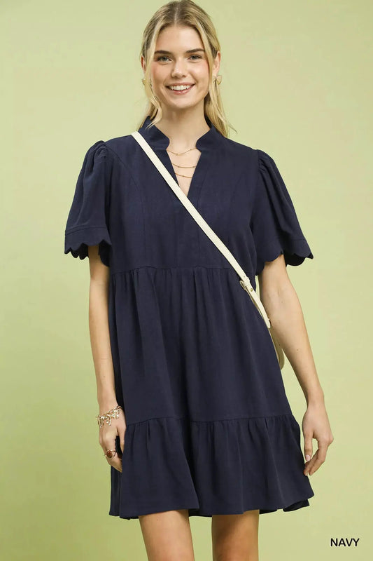 Umgee Linen Tiered Babydoll Dress with Scalloped Sleeves by Umgee