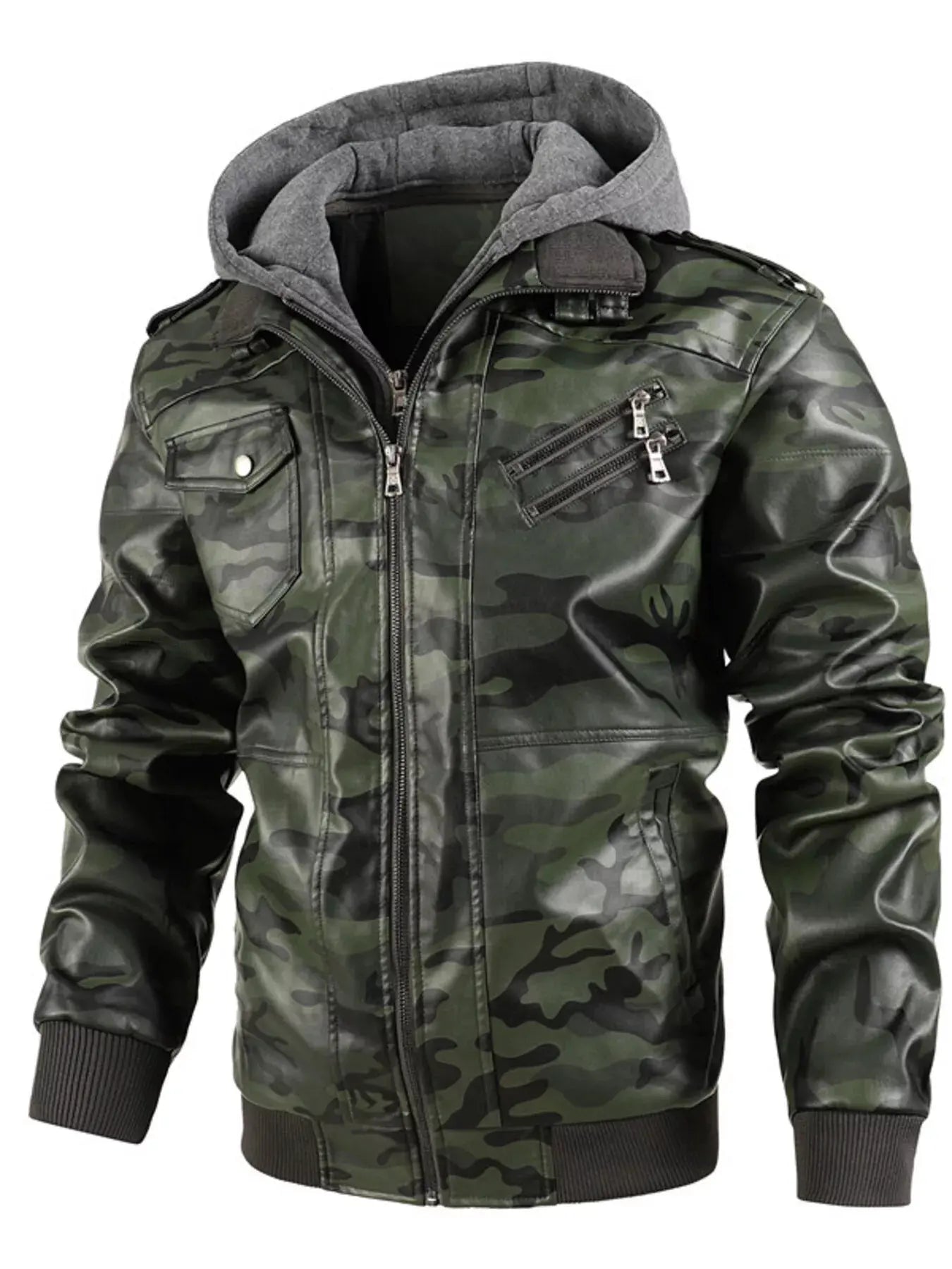 Men's Full Size Camouflage Hooded Faux Leather Jacket Plus Size by Partner Label