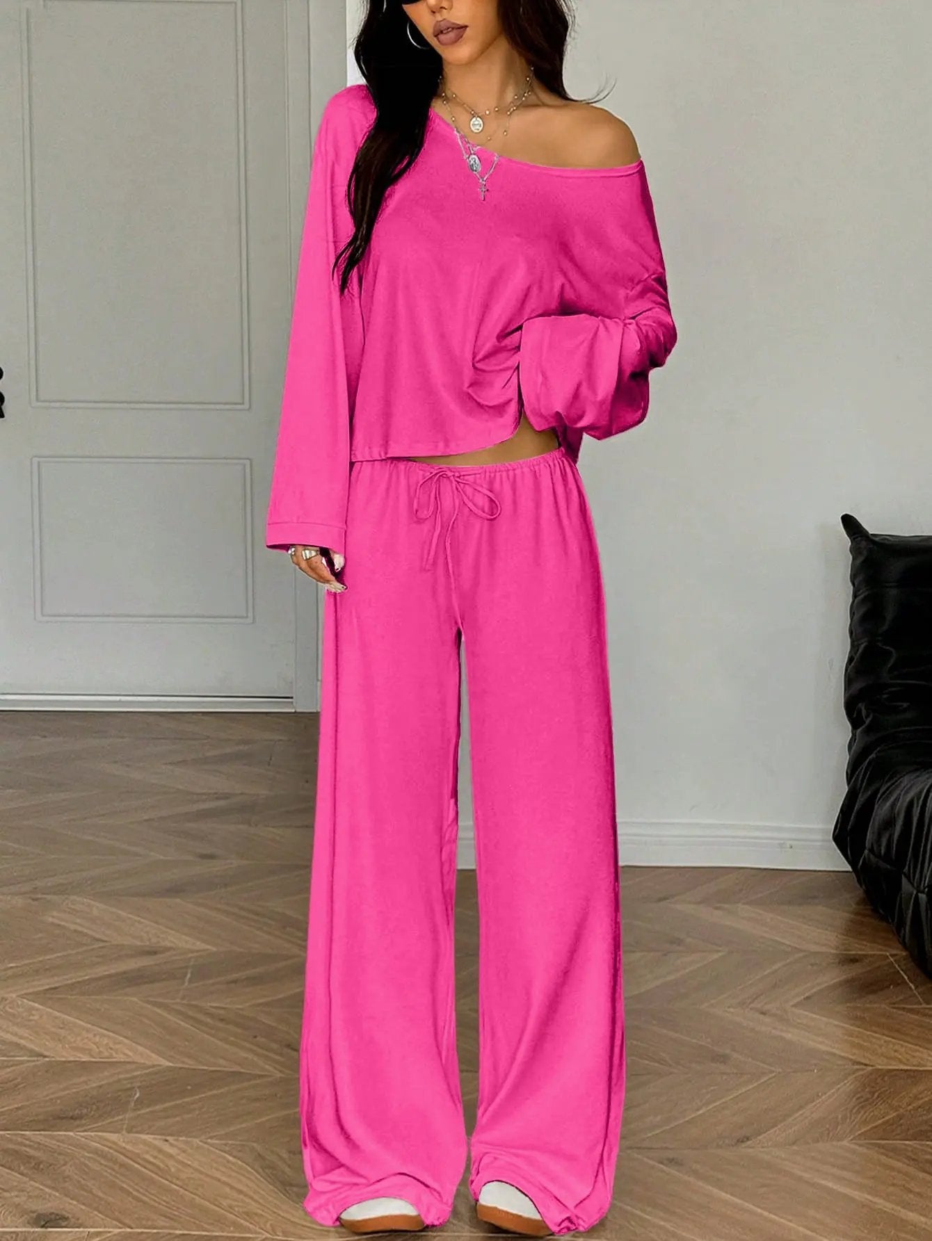 Womens Solid-Color Casual Off-the-Shoulder Long-Sleeve Pants by Maiden-Art