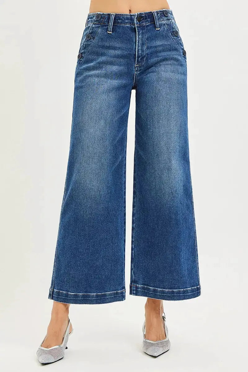 RISEN High Rise Wide Leg Jeans With Pocket Button Detail by RISEN