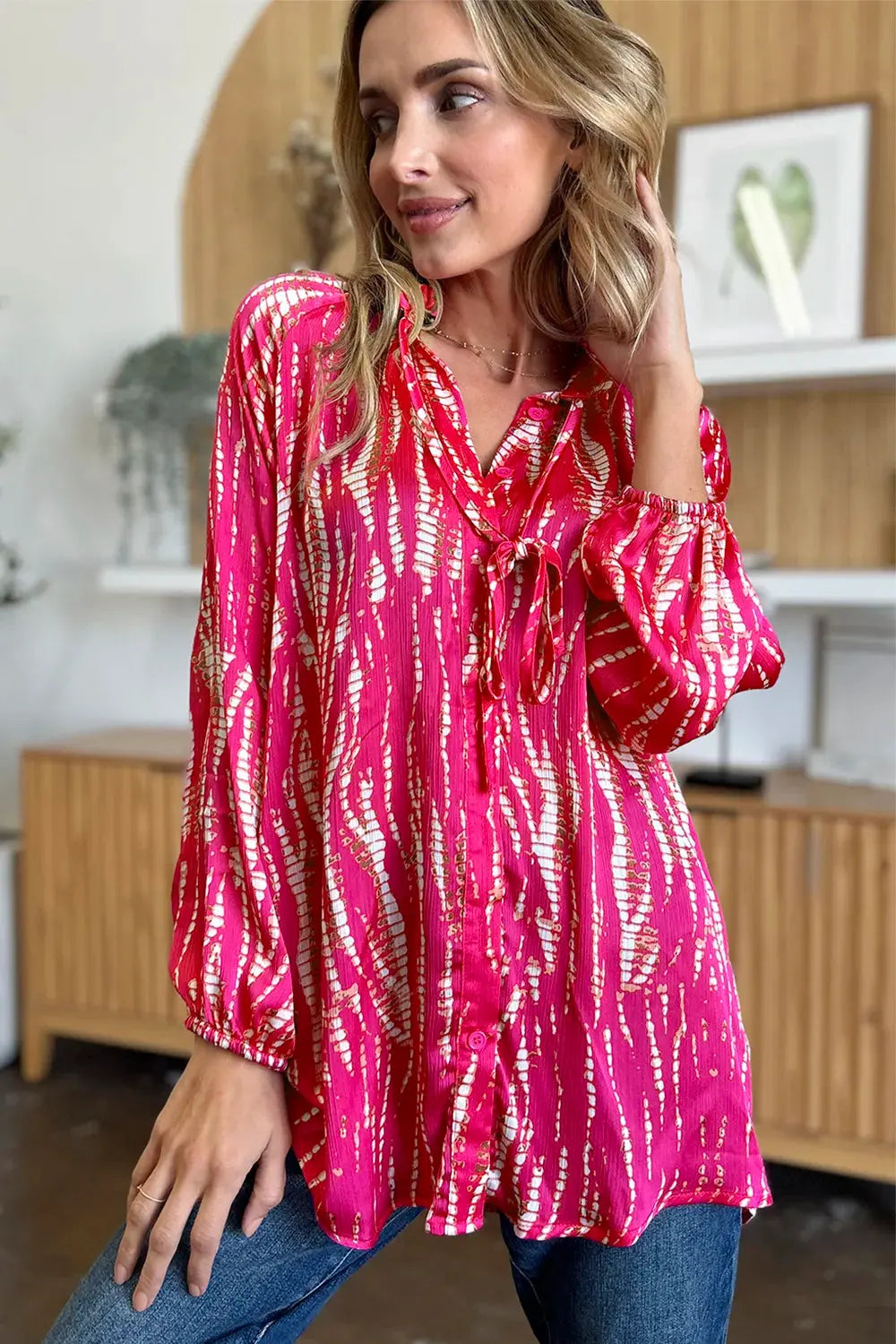 Double Take Full Size Printed Button Up Long Sleeve Shirt by Double Take