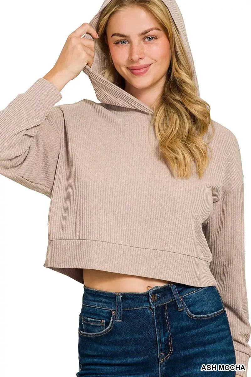 Zenana Drop Shoulder Ribbed Crop Hoodie by Zenana