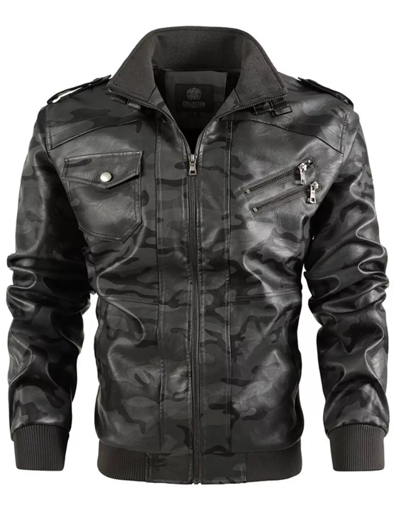 Men's Full Size Zip Up Camouflage Faux Leather Jacket Plus Size by Partner Label