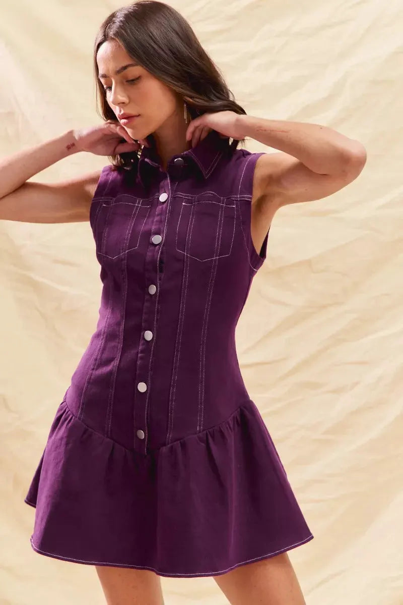 SO ME Button Down Sleeveless Collared Game Day Mini Dress by SO ME