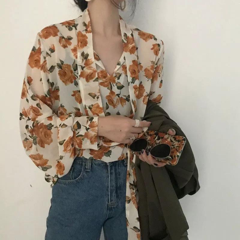 Women Retro Floral Chic Chiffon Spring Fall Fashion Lace-up Design Soft Female Shirts Top Ins by Anybestbuy Store