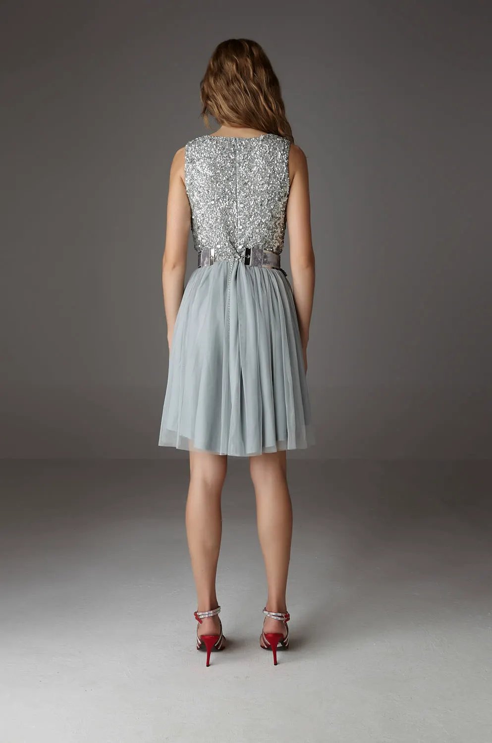 Iria Mini Grey Hand‑Embroidered Short Dress by Ceylan Bcn