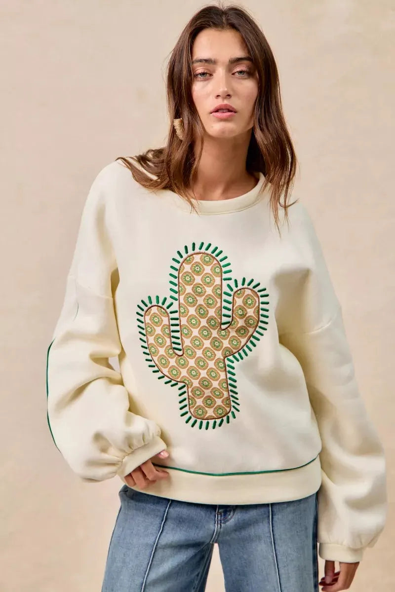 BiBi Cactus Embroidered Fleece Sweatshirt by BiBi