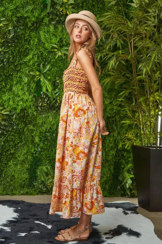 Davi & Dani Multi Smocked Bodice Geo Ruffle Strappy Midi Dress by Davi & Dani