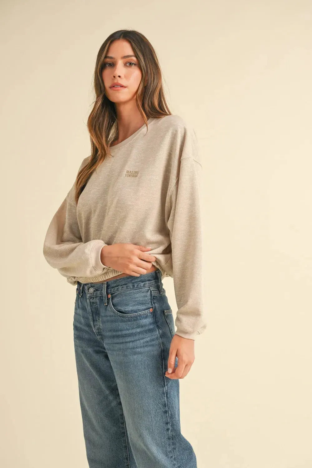Mable Round Neck Letter Embroidery Crop Sweatshirt by MABLE