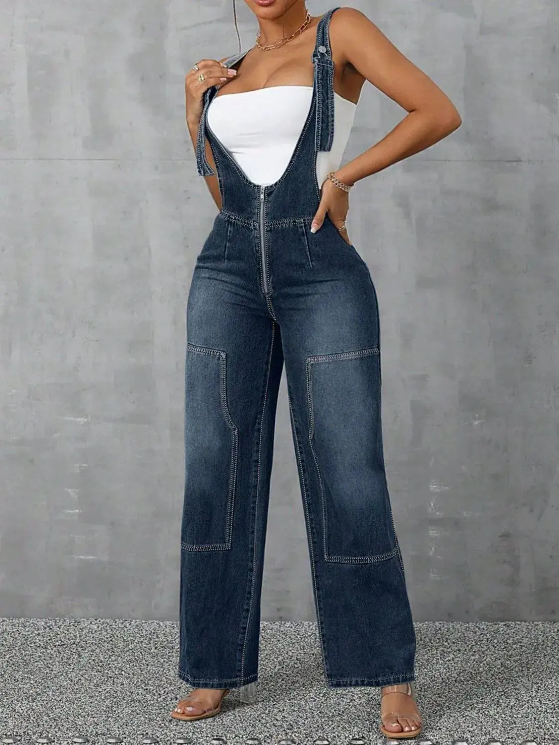 Zip Front Wide Strap Denim Overalls by Partner Labels