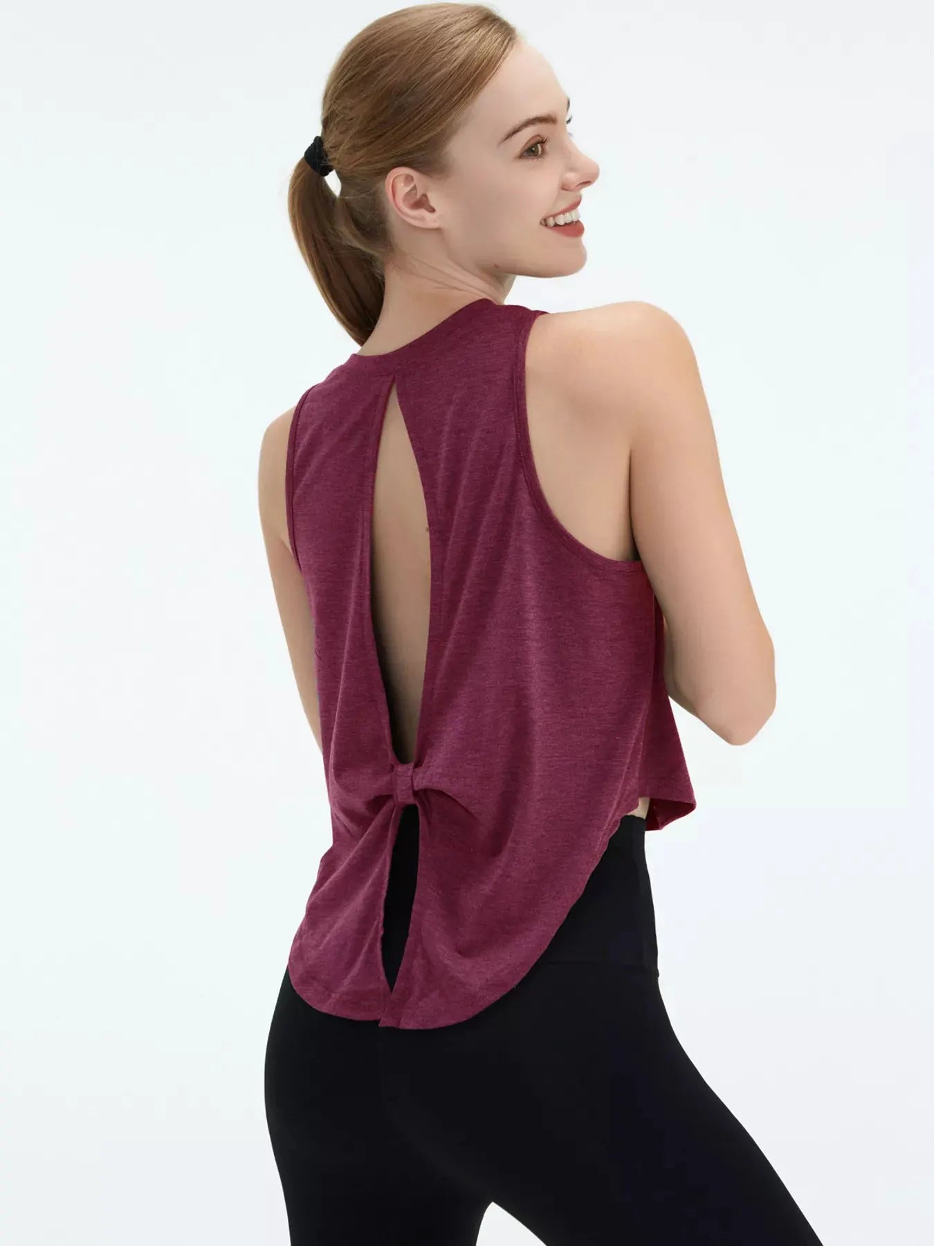 Cutout Back Round Neck Active Tank by Trendsi