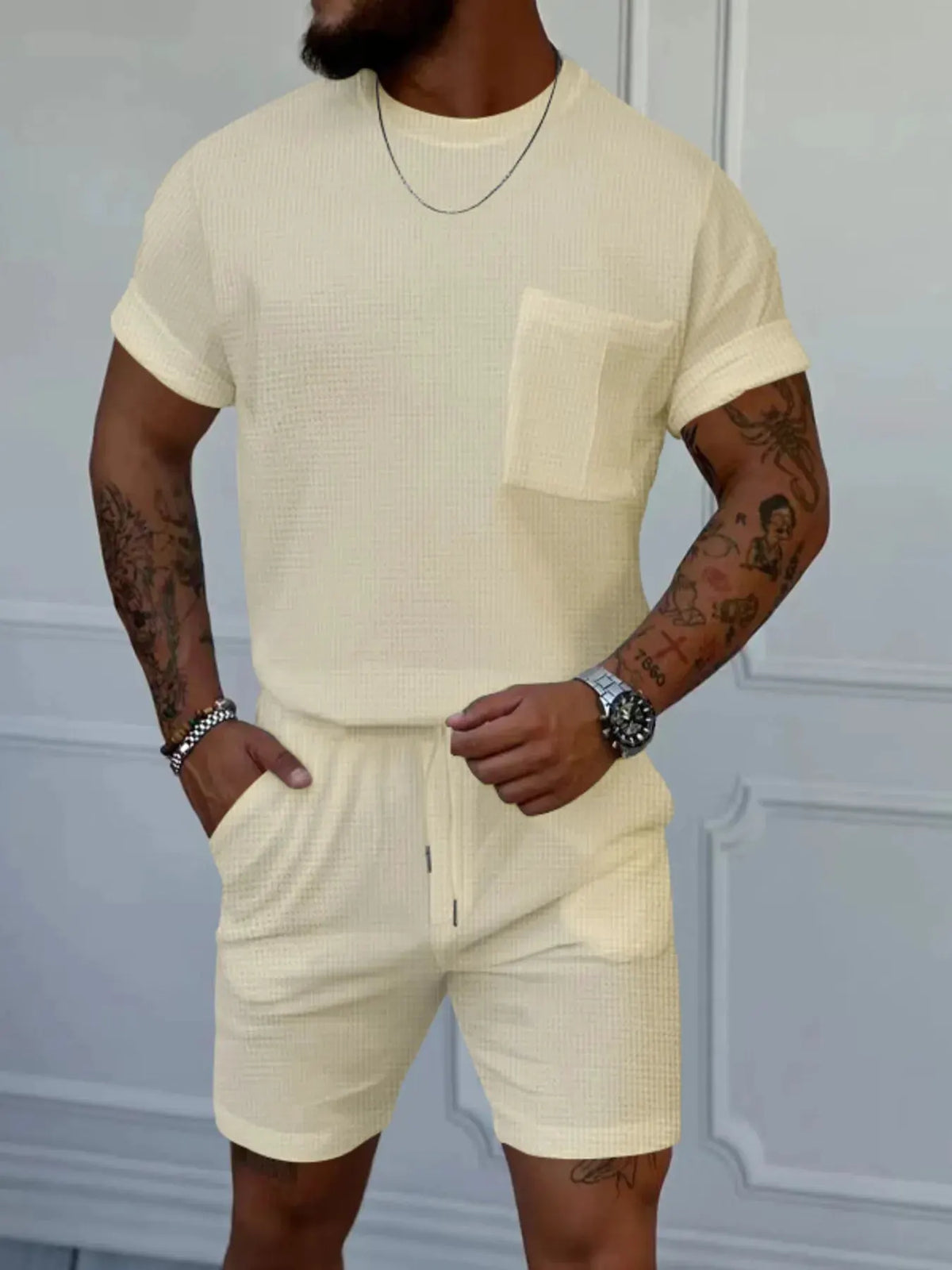 Men's Full Size Round Neck Short Sleeve Top and Shorts Set Plus Size by Trendsi