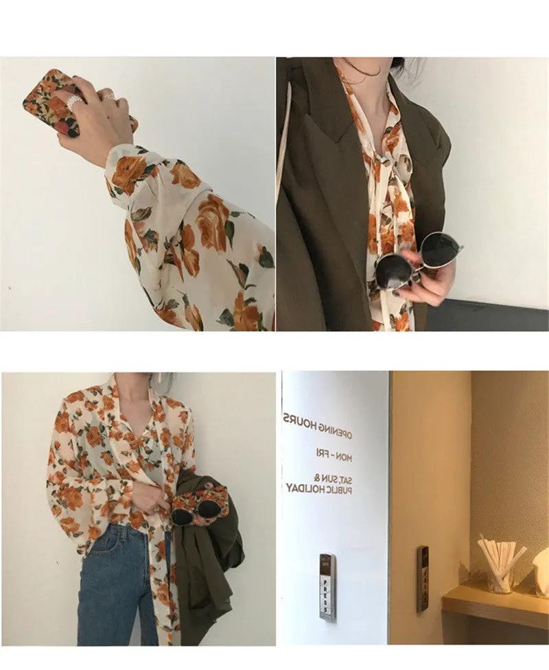 Women Retro Floral Chic Chiffon Spring Fall Fashion Lace-up Design Soft Female Shirts Top Ins by Anybestbuy Store