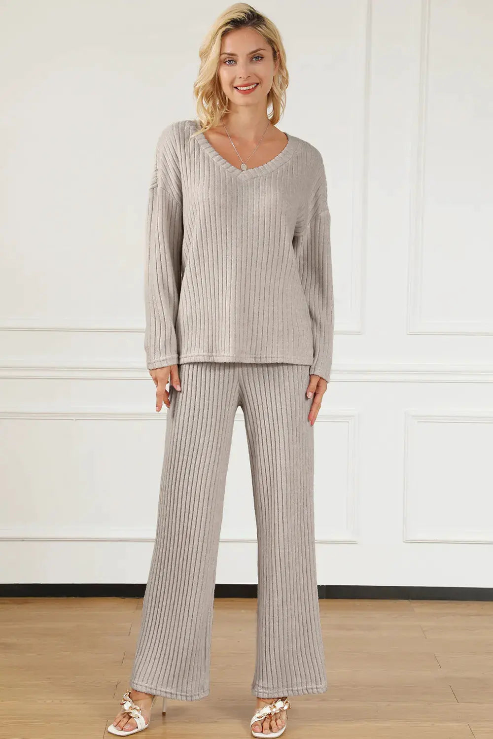 Ribbed V-Neck Top and Pants Lounge Set by Partner Label