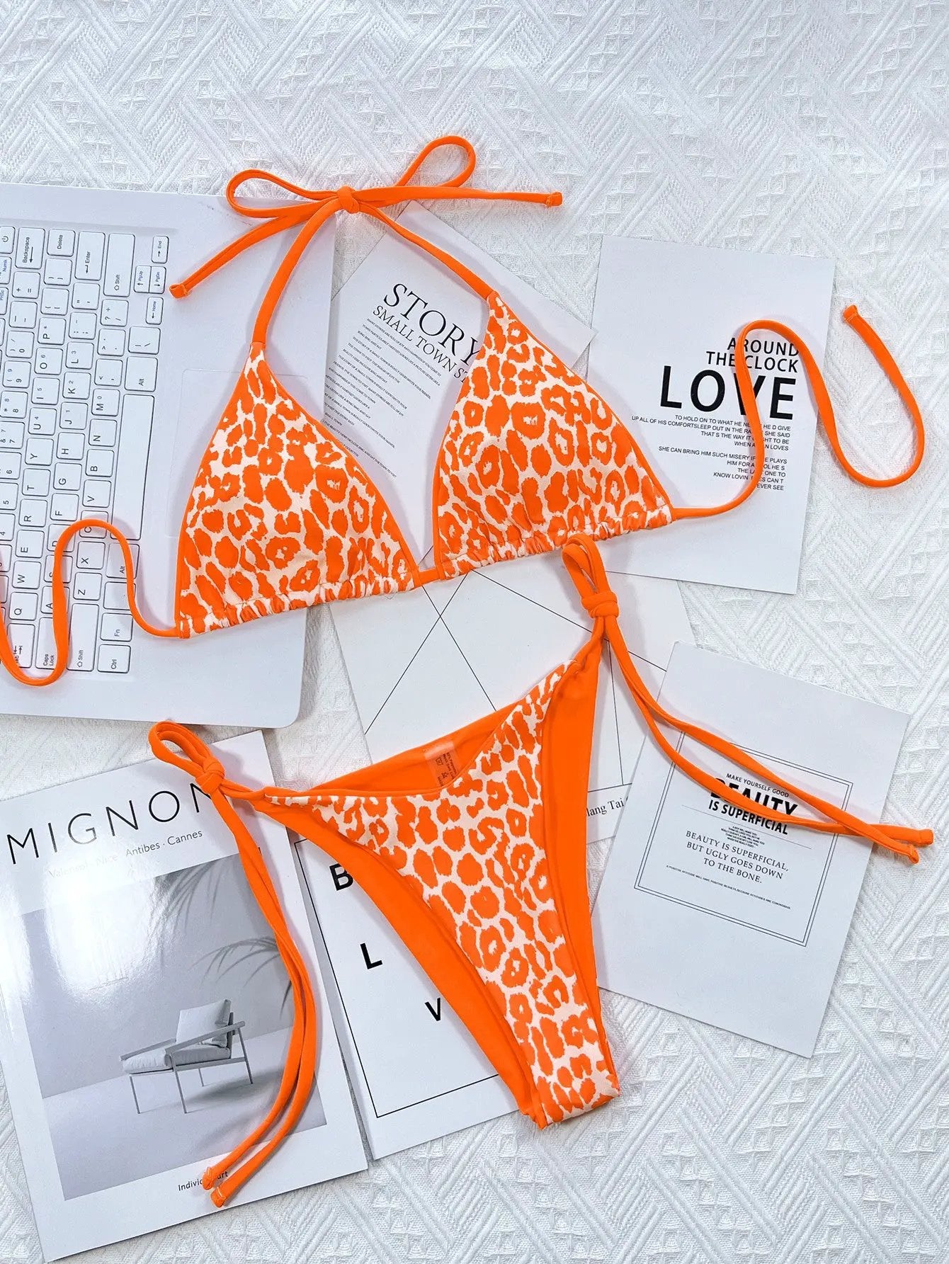 Leopard Print Halter Neck Tie Side Bikini Set by Partner Label