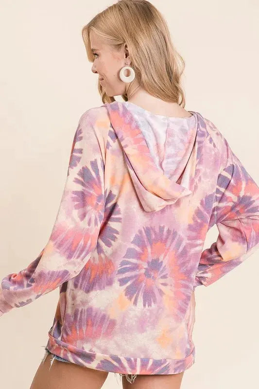BiBi Circular Tie Dye Print Terry Hoodie with Kangaroo by BiBi